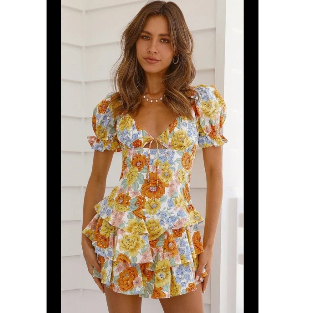 Hello Molly Floral Mini Dress in Yellow, Orange & Blue